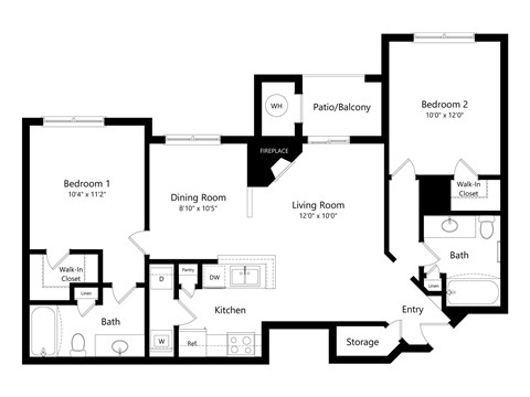 Floor plan for 2 beds, 2 baths, 1083 sqft